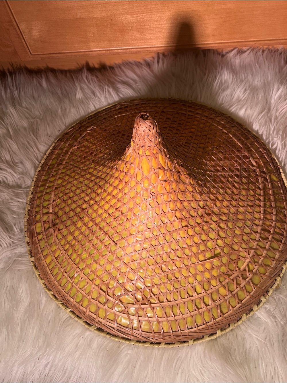 Vintage Asian Woven Conical Wicker/Bamboo Coolie Hat ChinStrap 17.5” Diameter